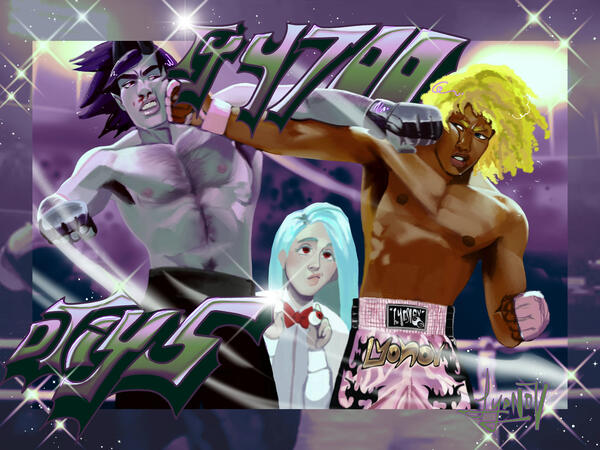 Two male characters in a cross counter style punch pose as another character acts as an observant referee between them to the bottom.