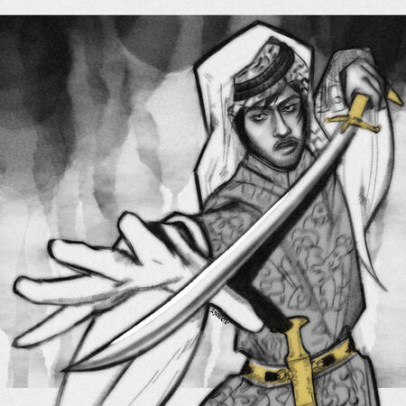 A non-canon drawing of Dima from The City: Maw performing a sword dance in Bedouin traditional attire in a black and white charcoal and ink style with gold accent.
