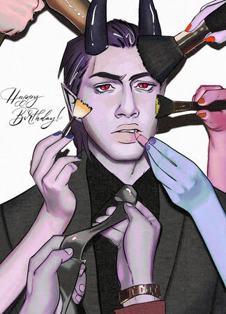 An artwork I did for Dima's birthday! He has his usual scowl on his face as various hands of various, non-human skin tones do his makeup, hair and tie.