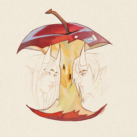 The Apple Art Trend featuring siblings: Valya (left) and Dima (right) from The City: Maw. Valya looks away, uncomfortable and Dima regards her with a displeased, level gaze.