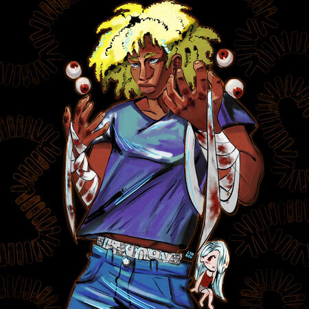 A dramatic picture I made just for fun. It's Kodeko from The City: Maw, just glaring somewhere with blooded fists and bandages unraveling from his arms and hands.