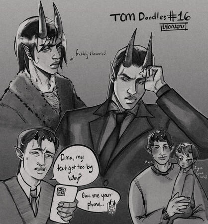 The City: Maw Doodles #16, featuring Dima and his aide, Ardalion. There's a drawing of Dima scowling, hair wet, freshly out of the shower (top left), Dima scowling in office clothes (top right), Ardalion struggling with his smartphone (bottom left), and Ar